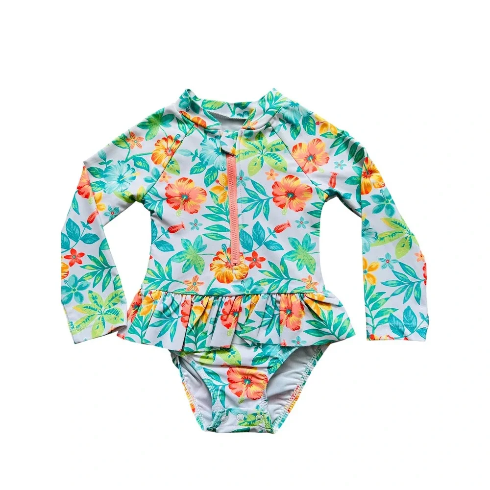Little‎ Me Tropical Hibiscus Rash Guard One Piece Swimsuit Floral Peplum 24M